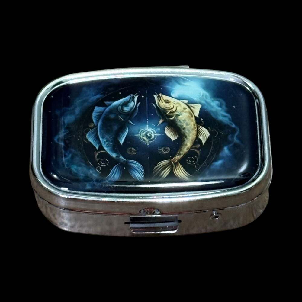 Cute Zodiac Pisces Fish Portable Rectangle Metal Pill Organizer Case